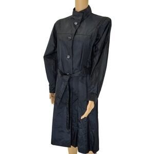 1980s Black Long Rain Jacket Trench Coat Waterproof Rubberized Size 7/8 Medium